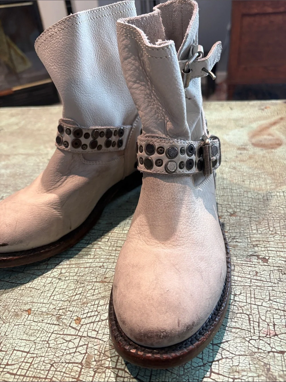 ASH Titanic White Leather Studded Buckle Moto Ankle Boots Size 38